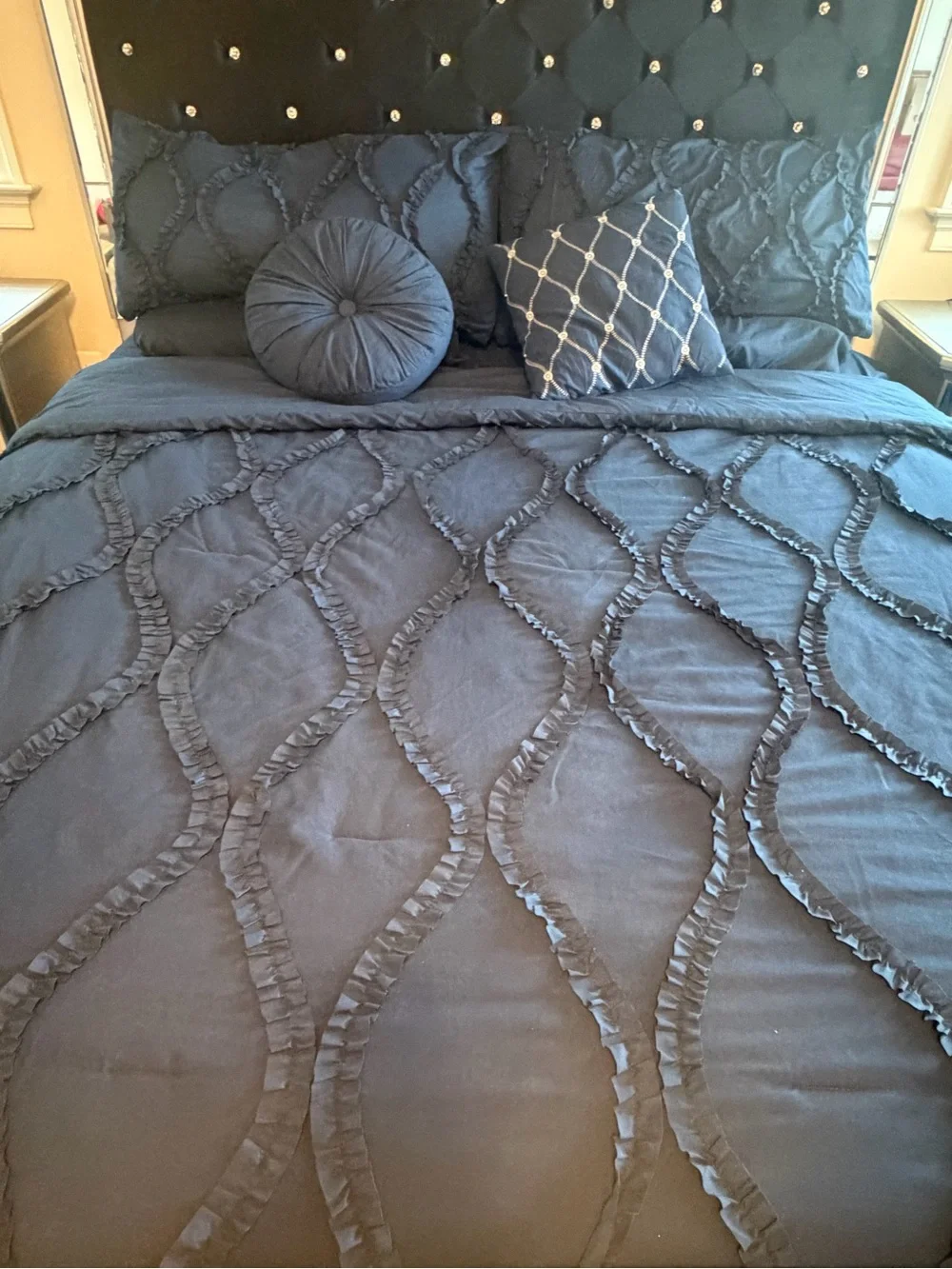 Navy Blue Ruffle Comforter Bedding Set with Decorative Pillows